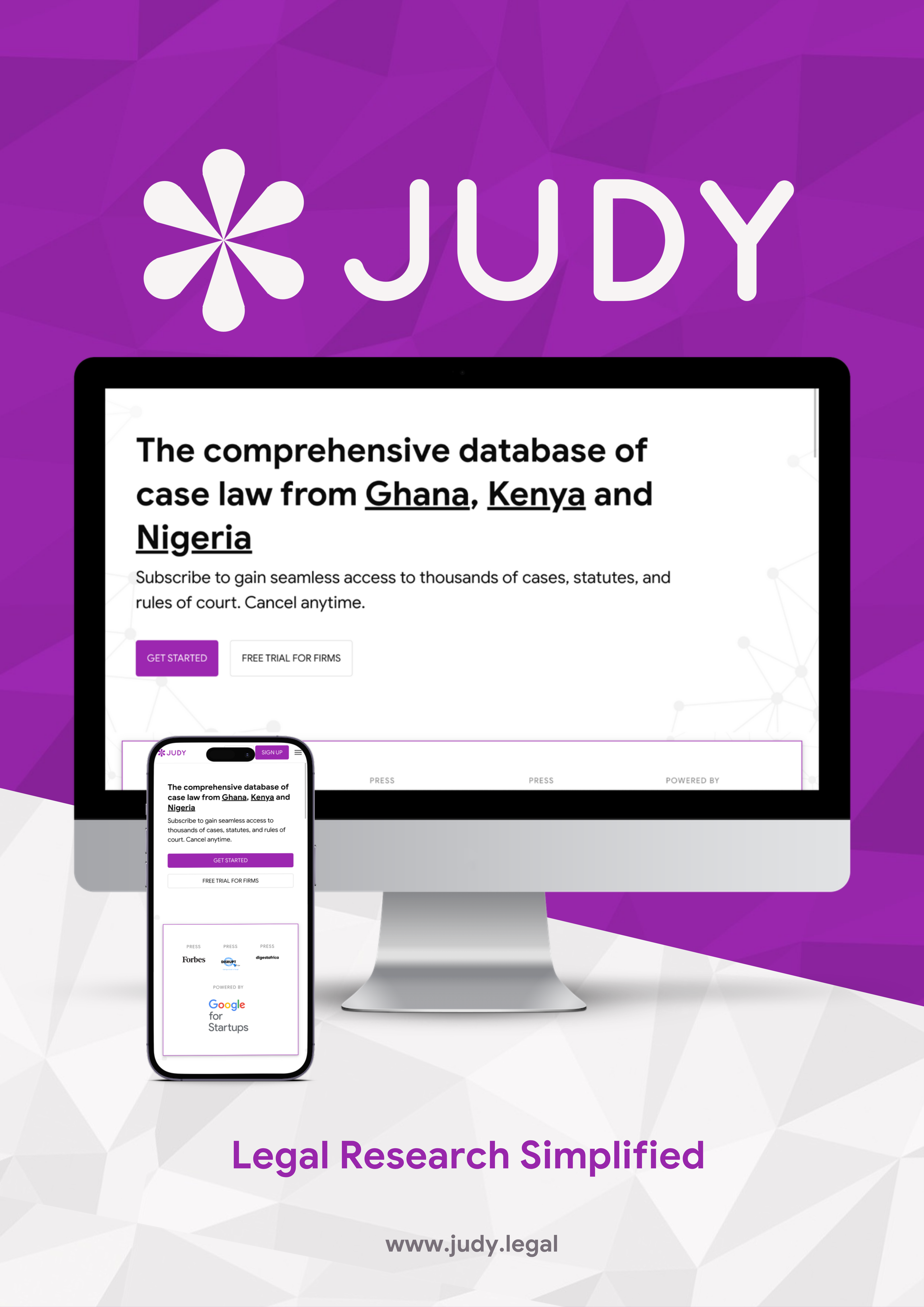 Judy Legal brochure cover: 'The comprehensive database of case law from Ghana, Kenya and Nigeria', with the tagline 'Legal Research Simplified'